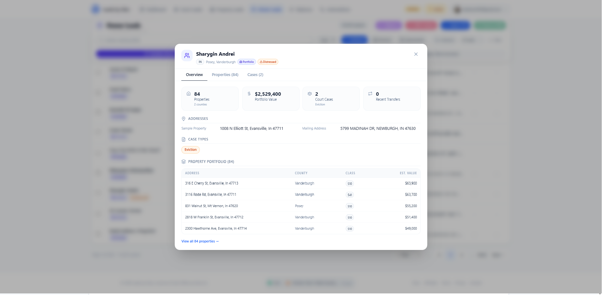 Owner dashboard showing property portfolio and court cases